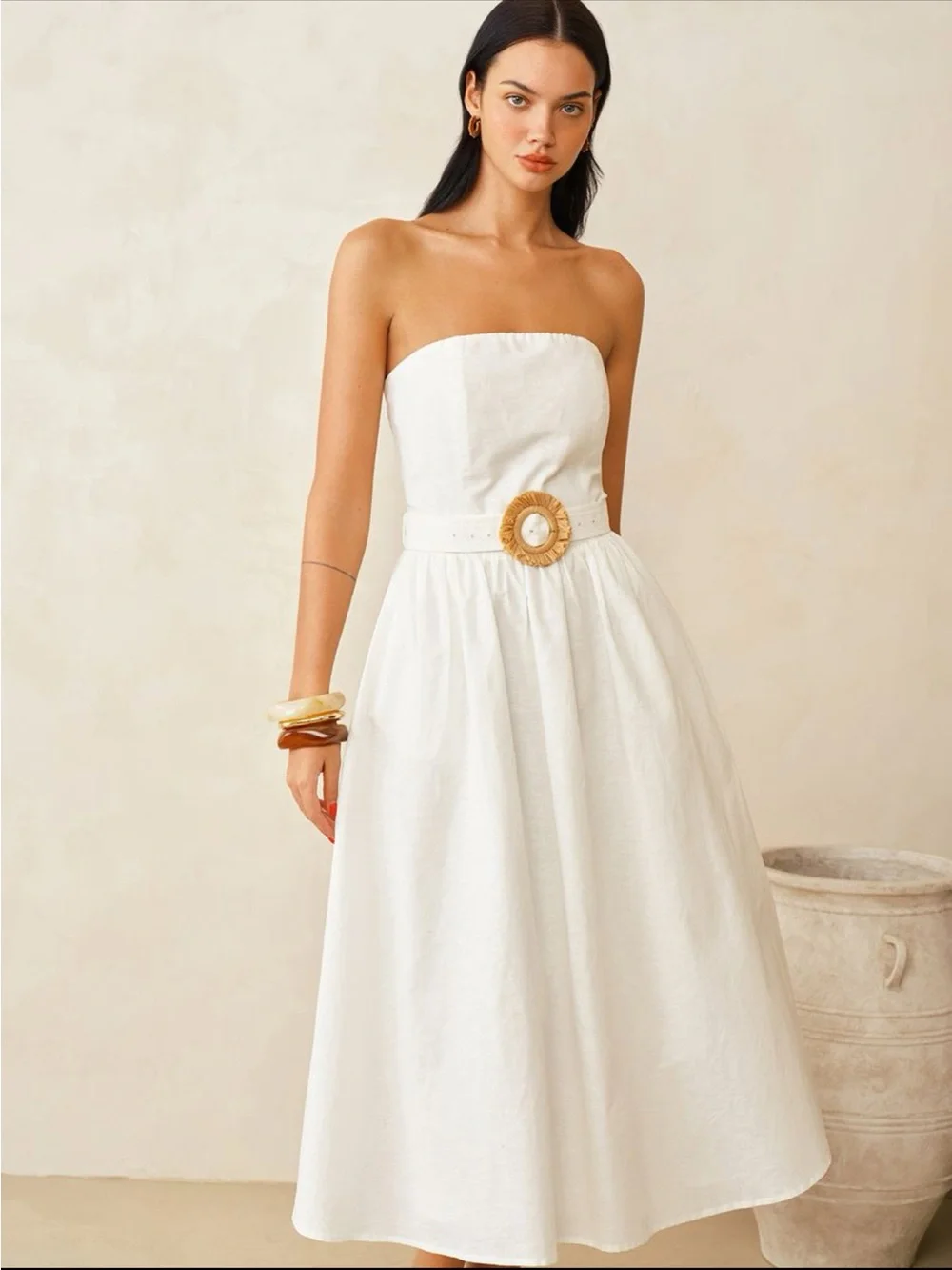 Strapless White Midi Dress with Statement Belt - Picture 3 of 5